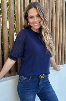 Lace Sleeve Soft Top Hearts Marine Marineblauw