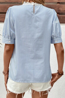 Lace Trim Korte Mouwen Blouse Lichtblauw