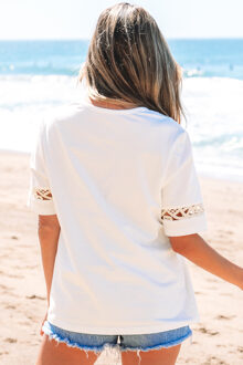 Lace Trim Korte Mouwen Blouse Wit