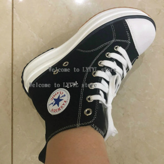 Lace Up Ankle Women White Platform Boots Canvas Casual High Heel Elevator Sneakers Booties Muffin Flatform Black Shoes A1-141