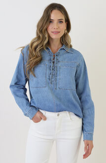 Lace-up Cotton Blouse Blue Blauw