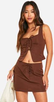Lace Up Front Micro Mini Rok, Chocolate - 34