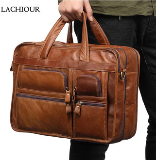 LACHIOUR 14 inch Laptop Handbags Men Genuine Leather Travel Bag Male Large Capcity Cowhide Ducuments Messenger/Shoulder Bag