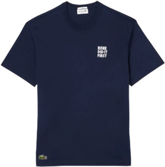 Lacoste Katoenen Piqué T-shirt met Achter Slogan Lacoste , Blue , Heren - Xl,L,M