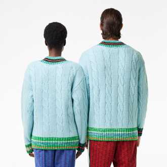 Lacoste Men's Lacoste Cable Knit V-Neck Sweatshirt in Turquoise - maat S