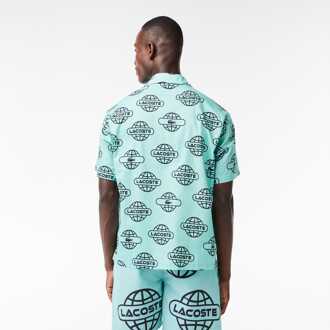 Lacoste Men's Lacoste Globe Print Cotton Twill Shirt in Mint