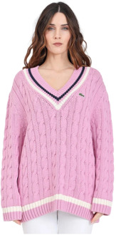 Lacoste Roze V-hals Sweater met Gevlochten Textuur Lacoste , Pink , Dames - 2Xl,Xl,L