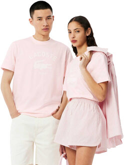Lacoste Unisex T-shirt met handtekeningprint voor volwassenen (Roze) - maat XS