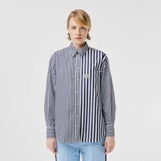 Lacoste Women's Lacoste X Bandier Striped Cotton Poplin Shirt in Navy - maat