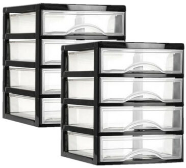 Ladeblok - 2x - 4 lades - zwart/transparant - bureau organizer - L18xB21xH23 cm