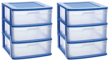 Ladeblok - 2x stuks - 3 lades - bureau organizer - blauw/transparant - L40xB39xH49.5 cm