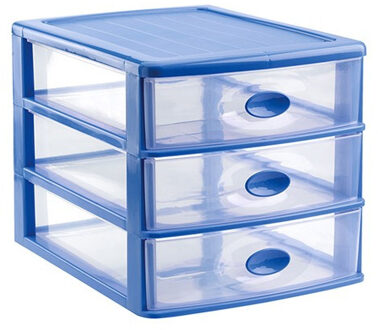 Ladeblok/bureau organizer met 3x lades blauw/transparant L35,5 x B27 x H27 cm - Ladeblok