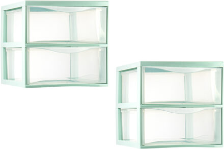 Ladeblokje/bureau organizer - 2x - 2 lades - transparant/mintgroen - L26 x B36 x H25 cm