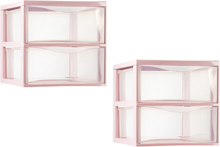 Ladeblokje/bureau organizer - 2x - 2 lades - transparant/roze - L26 x B36 x H25 cm - plastic