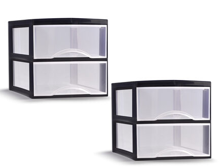 Ladeblokje/bureau organizer - 2x - 2 lades - transparant/zwart - L26 x B36 x H25 cm - plastic