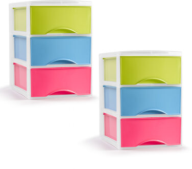Ladeblokje/bureau organizer - 2x - 3 lades - gekleurd - L26 x B37 x H37 cm - plastic