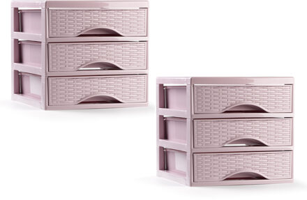 Ladeblokje/bureau organizer - 2x - 3 lades - roze - L18 x B23 x H17 cm - plastic