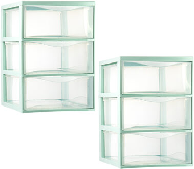 Ladeblokje/bureau organizer - 2x - 3 lades - transparant/lichtgroen - L26 x B37 x H37 cm - plastic