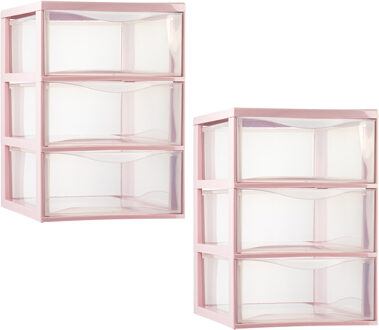 Ladeblokje/bureau organizer - 2x - 3 lades - transparant/roze - L26 x B37 x H37 cm - plastic