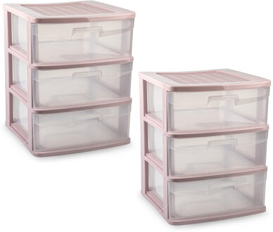 Ladeblokje/bureau organizer - 2x - 3 lades - transparant/roze - L39 x B40 x H49 cm - plastic