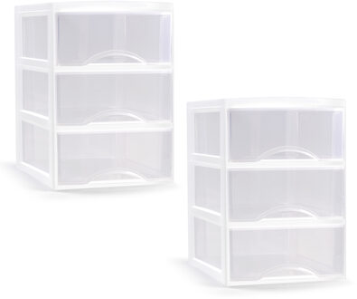 Ladeblokje/bureau organizer - 2x - 3 lades - transparant/wit - L26 x B37 x H37 cm - plastic