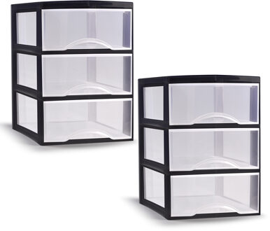 Ladeblokje/bureau organizer - 2x - 3 lades - transparant/zwart - L26 x B37 x H37 cm - plastic