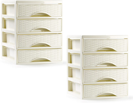 Ladeblokje/bureau organizer - 2x - 4 lades - creme wit - L18 x B21 x H23 cm - plastic