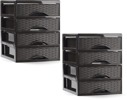 Ladeblokje/bureau organizer - 2x - 4 lades - donkerbruin - L18 x B21 x H23 cm - plastic