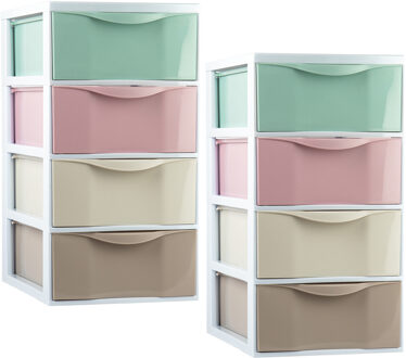 Ladeblokje/bureau organizer - 2x - 4 lades - gekleurd - L26 x B37 x H49 cm - plastic