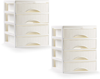 Ladeblokje/bureau organizer - 2x - 4 lades - ivoor wit - L18 x B21 x H23 cm - plastic