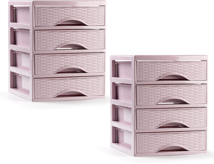 Ladeblokje/bureau organizer - 2x - 4 lades - roze - L18 x B21 x H23 cm - plastic