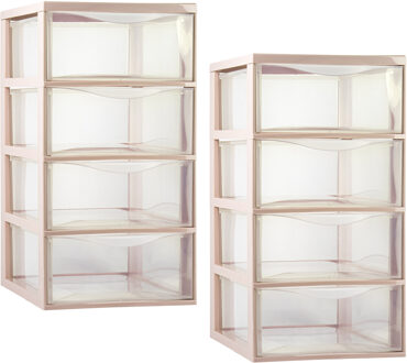 Ladeblokje/bureau organizer - 2x - 4 lades - transparant/beige - L26 x B37 x H49 cm - plastic