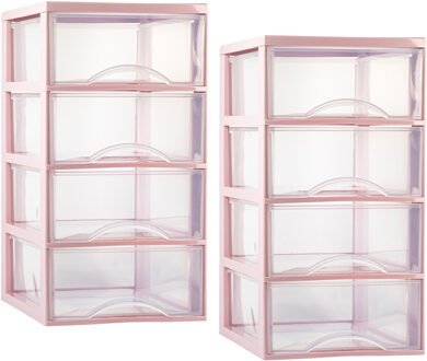 Ladeblokje/bureau organizer - 2x - 4 lades - transparant/roze - L26 x B36 x H49 cm - plastic