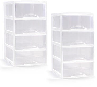 Ladeblokje/bureau organizer - 2x - 4 lades - transparant/wit - L26 x B36 x H49 cm - plastic