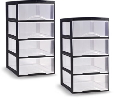 Ladeblokje/bureau organizer - 2x - 4 lades - transparant/zwart - L26 x B36 x H49 cm