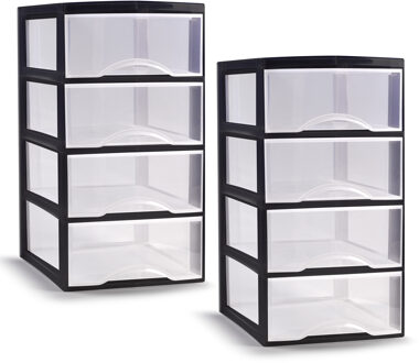Ladeblokje/bureau organizer - 2x - 4 lades - transparant/zwart - L26 x B37 x H49 cm - plastic