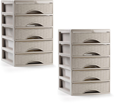 Ladeblokje/bureau organizer - 2x - 5 lades - beige - L18 x B21 x H28 cm - plastic