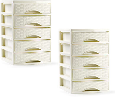 Ladeblokje/bureau organizer - 2x - 5 lades - creme wit - L18 x B21 x H28 cm - plastic
