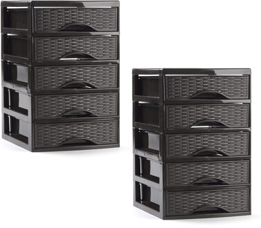 Ladeblokje/bureau organizer - 2x - 5 lades - donkerbruin - L18 x B21 x H28 cm - plastic