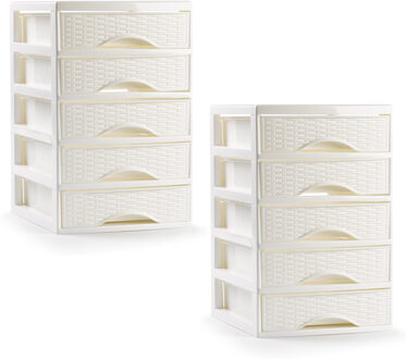 Ladeblokje/bureau organizer - 2x - 5 lades - ivoor wit - L18 x B21 x H28 cm - plastic