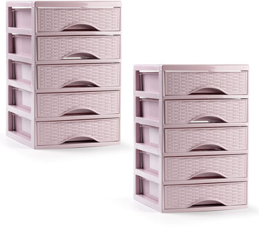 Ladeblokje/bureau organizer - 2x - 5 lades - roze - L18 x B21 x H28 cm - plastic