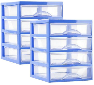 Ladeblokje/bureau organizer 2x lades - blauw/transparant - L18 x B21 x H23 cm - plastic