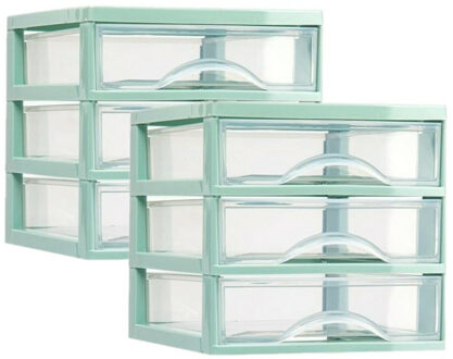 Ladeblokje/bureau organizer 2x lades - mintgroen/transparant - L18 x B21 x H17 cm - plastic