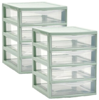 Ladeblokje/bureau organizer 2x lades - mintgroen/transparant - L18 x B21 x H23 cm - plastic