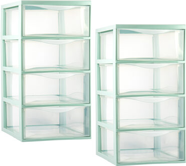Ladeblokje/bureau organizer - 2x met 4x lades - transparant/lichtgroen - L26 x B37 x H4