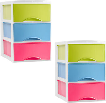 Ladeblokje/bureau organizer - 2x stuks - 3 lades - multi kleuren - L18 x B25 x H25 cm - plastic