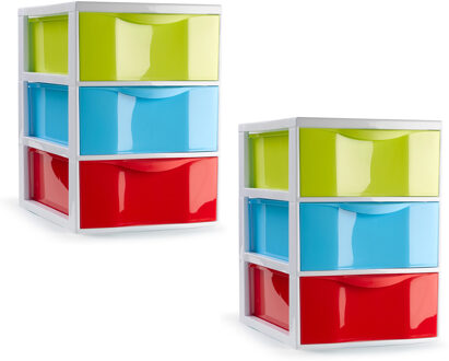 Ladeblokje/bureau organizer - 2x stuks - 3 lades - multi kleuren - L18 x B25 x H25 cm - plastic