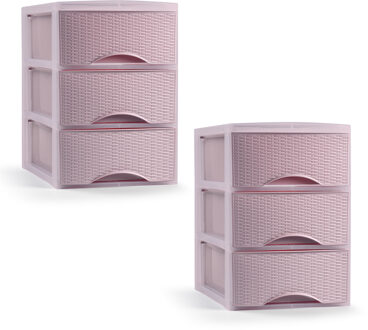 Ladeblokje/bureau organizer - 2x stuks - 3 lades - roze - L18 x B25 x H25 cm - plastic