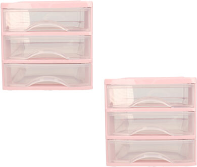 Ladeblokje/bureau organizer - 2x stuks - 3 lades - roze/transparant - L18 x B21 x H17 cm - plastic