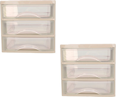 Ladeblokje/bureau organizer - 2x stuks - 3 lades - taupe/transparant - L18 x B21 x H17 cm - plastic